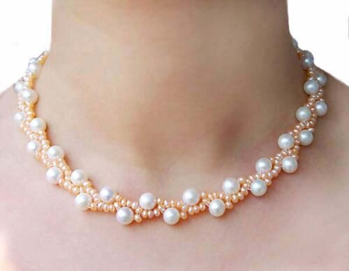 White and Pink Colored Pearl Necklace, 925 Silver
