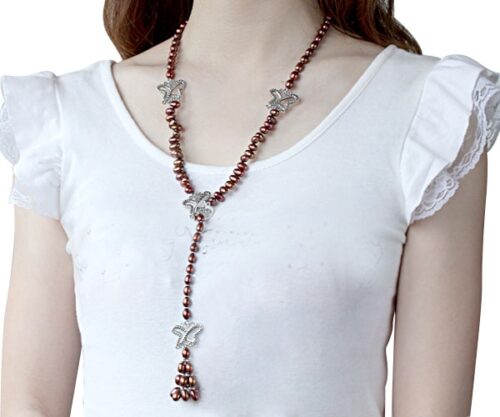 Chocolate 6-7mm Lariat Rice Pearl Necklace 25in Long, Claspless