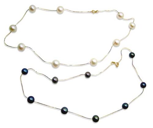 White and Black 7-7.5mm 14K YG Round Tin Cup Pearl Necklace