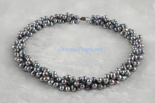 Black Doublet Pearl Necklace 3 Strand, SS