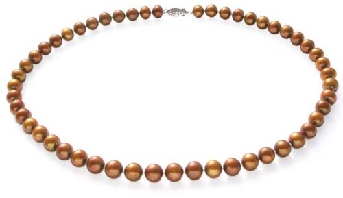 8-9mm AA Chocolate Round Pearl Necklace 14K Gold Clasp
