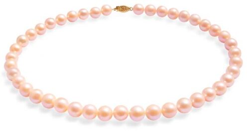 9-10mm AA+ Pink Round Pearl Necklace 14K Gold