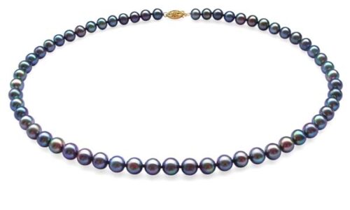 7-7.5mm AAA Black Round Pearl Necklace 14K Gold