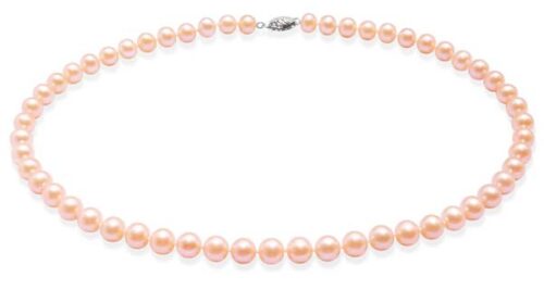 7-7.5mm AAA Pink Round Pearl Necklace 14K Gold