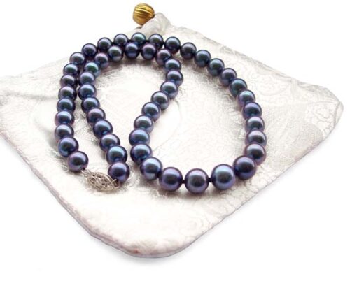 Black Colored 8-8.5mm AAA Gem Quaity Round Pearl Necklace, 14k Clasp