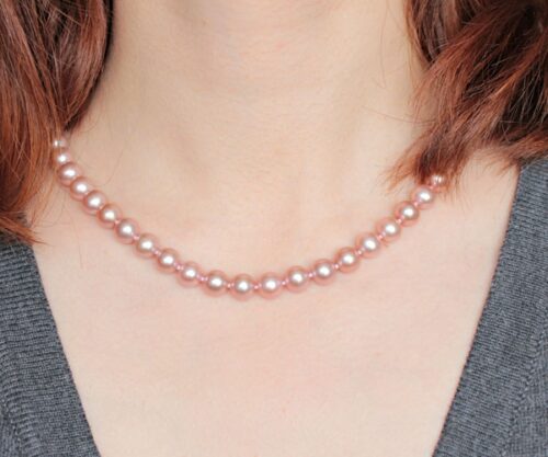Pink Colored 8-8.5mm AAA Gem Quaity Round Pearl Necklace, 14k Clasp
