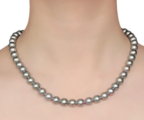 Grey Colored 8-8.5mm AAA Gem Quaity Round Pearl Necklace, 14k Clasp