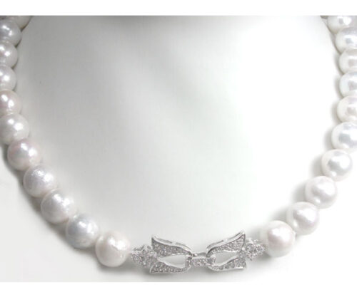 11-13mm White Round Pearl Necklace with 925 Sterling Silver Butterfly Clasp