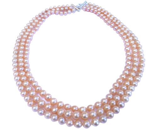 Pink Colored 3 Strands Round Pearl Necklace