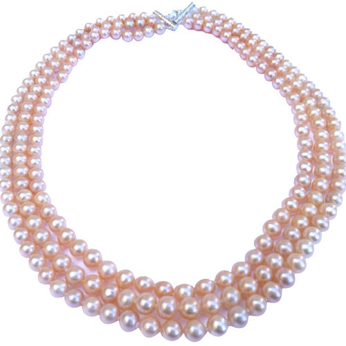 Pink Colored 3 Strands Round Pearl Necklace