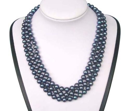 3-Row 7-8mm AAA Gem Quality Black Round Pearl Necklace