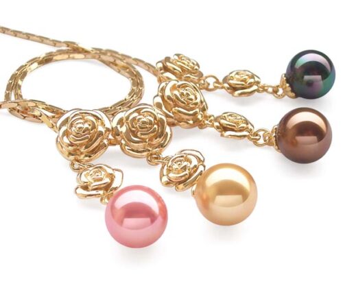 Pink, Mauve, Chocolate and Black 12mm Southsea Shell Pearl Pendants in Double Rose Design, 18K YG Overlay