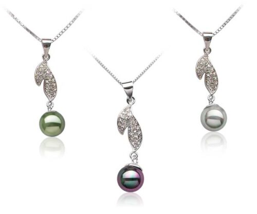 Peacock Green, Peacock Black and Grey 10mm SSS Pearl Pendant , Free 16in Silver Chain