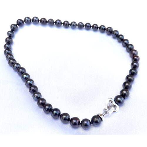 9-10mm Round Black Pearl Necklace, 925 Sterling Silver Heart Clasp