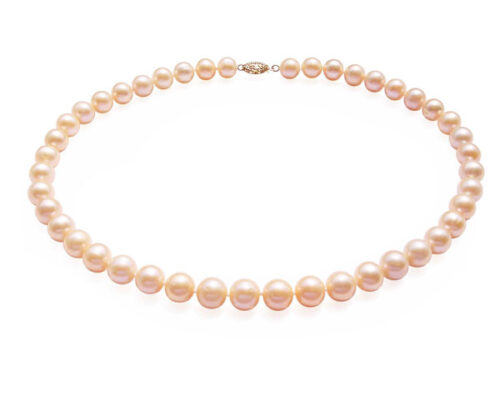 9-10mm Pink round pearl necklace in 14k gold