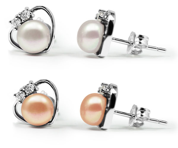 6 7mm Pearl Earrings In Heart Shaped Design 18k Gold Overlay White And Pink 6 7mm Pearl Earrings In Heart Shaped Design 18k Wg Overlay
