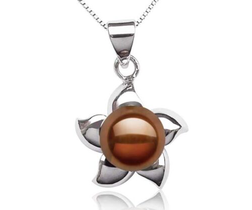 Chocolate 9-10mm Pearl Pendant in Star Shaped Setting, 16in Silver Chain
