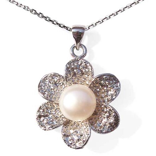 White Large 10mm Genuine Pearl Pendant and Flower Shaped Setting with 16in Silver Chain