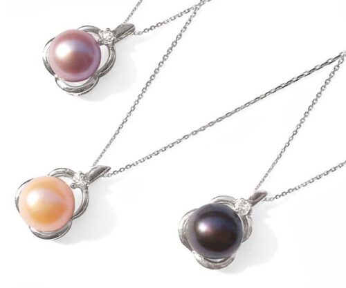 Mauve, Pink and Black 10mm Genuine Pearl Pendant in Calabash Design, 16in Silver Chain