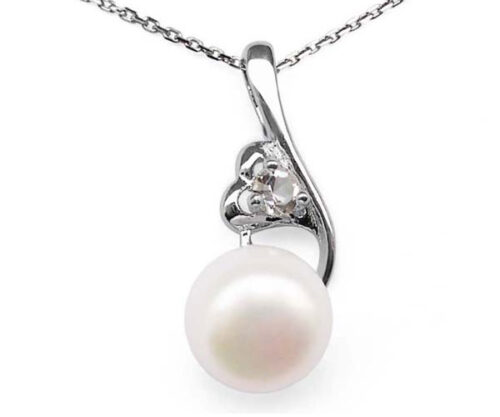 White 8-9mm Pearl Pendant and Heart in Hand Design, 925 SS Chain