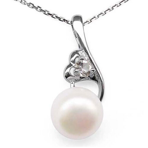 White 8-9mm Pearl Pendant and Heart in Hand Design, 925 SS Chain