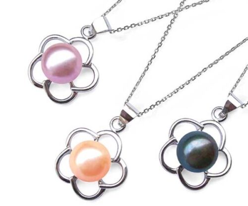 Lavender, Pink and Peacock Black 8-9mm Pearl Pendants in Flower Design, 16in Silver Chain