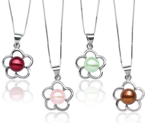 Cranberry, Baby Pink, Light Green and Chocolate 8-9mm Pearl Pendants in Flower Design, 16in Silver Chain