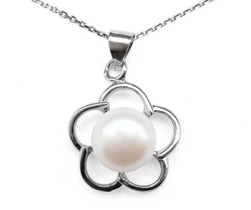 White 8-9mm Pearl Pendant in Flower Design, 16in Silver Chain