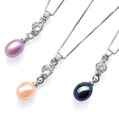 Mauve, Pink and Black 7-8mm Drop Pearl Pendant, 16in Silver Chain