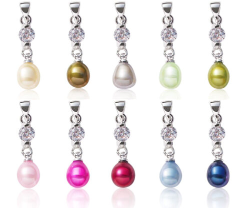 Champagne, Dark Golden Rod, Grey, Light Green, Olive Green, Baby Pink, Hot Pink, Cranberry, Royal Blue and Navy Blue 7-8mm Drop Pearl Pendant, 16in Silver Chain