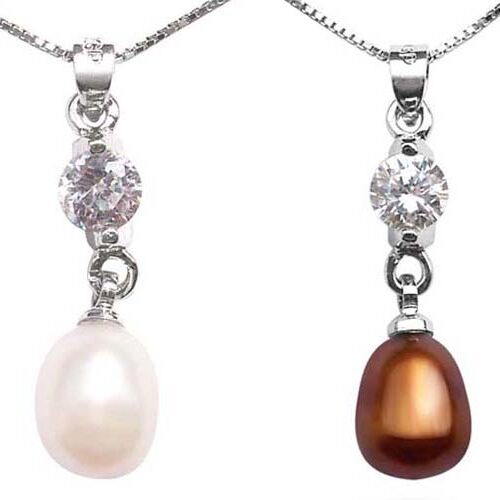 White and Chocolate 7-8mm Drop Pearl Pendant, 16in Silver Chain