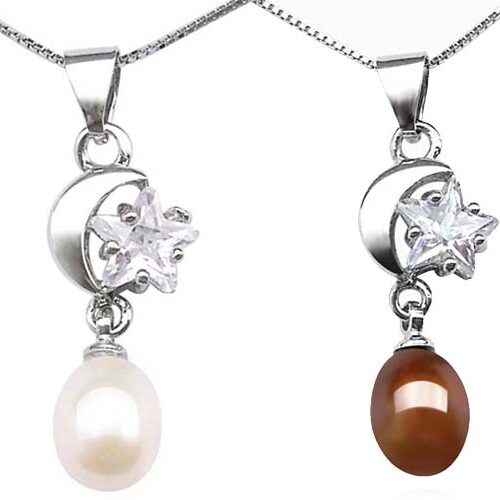 White and Chocolate 7-8mm Drop Pearl Pendant in Moon and Star Design, 16in Silver Chain, 18K WG Overlay