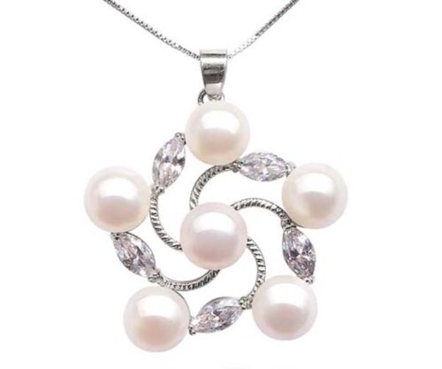 White 8-9mm Pearls in Flower Shaped Pendant, 16in Silver Chain