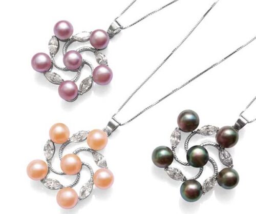 Pink, Mauve and Black 8-9mm Pearls in Flower Shaped Pendant, 16in Silver Chain