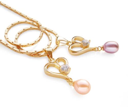 Pink and Lavender Heart Shaped Pearl Pendant with a Round Cz Diamond, Free Chain