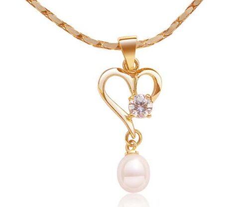 White Heart Shaped Pearl Pendant with a Round Cz Diamond, Free Chain