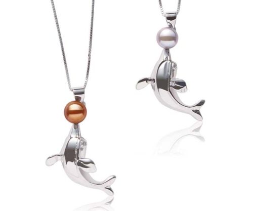 Chocolate and Silver Grey 6-7mm Pearl and Dolphin Shaped Pearl Pendant, 18K WG, Free Chain
