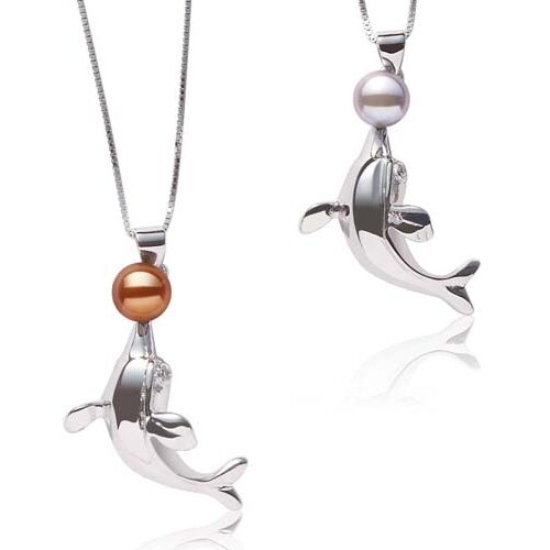 Chocolate and Silver Grey 6-7mm Pearl and Dolphin Shaped Pearl Pendants, 18K WG, Free Chain