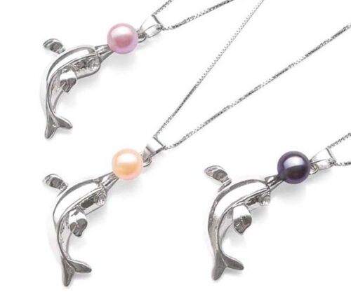 Mauve, Pink and Black 6-7mm Pearl and Dolphin Shaped Pearl Pendant, 18K WG, Free Chain