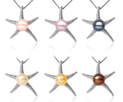 Pink, Mauve, Black, Champagne, Gold, and Chocolate 6-7mm Pearl Pendant in Starfish Design, 16in Silver Chain