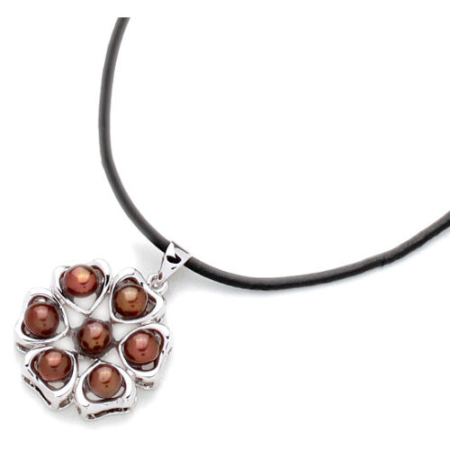 Chocolate 4-5mm Pearl Six-Heart Pendant, 18K WG Overlay, Free Leather Cord