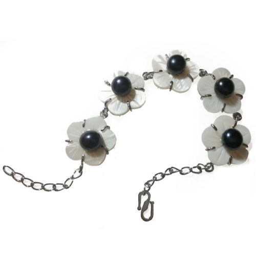 Beautiful Flower Shaped Mother of Pearl and Pearl Bracelet at Flexible Length from 6 Inch to 9 Inch Long