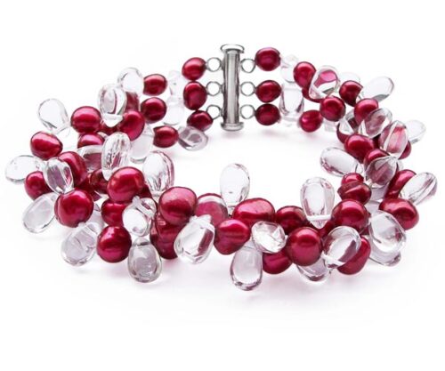 Cranberry 3 Row Freshwater Pearls and Crystal Bracelet, 925 SS