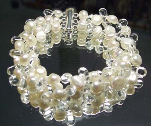 White 3 Row Freshwater Pearls and Crystal Bracelet, 925 SS