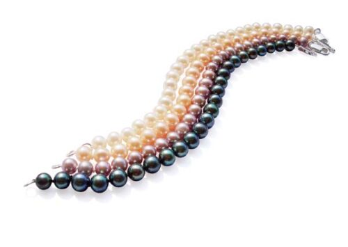 White, Pink, Mauve and Black 6-7mm Round Pearl Bracelet, 925 SS Clasp
