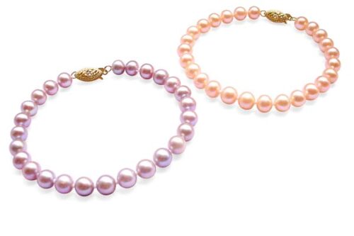 Pink and Lavender 6-7m, AA+, Quality Round Pearl Bracelet, 6-7mm, 14k Gold
