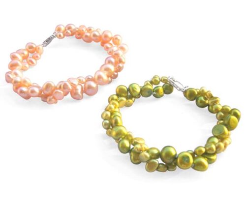 Pink and Olive Green 3.4-4mm or 5.5-7mm, 2 Rows Blue Baroque Pearl Bracelets