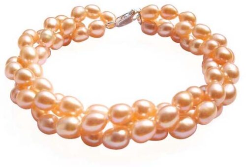 Pink Multi-strand Three Rows Rice Pearl Bracelets, 925 Sterling Silver