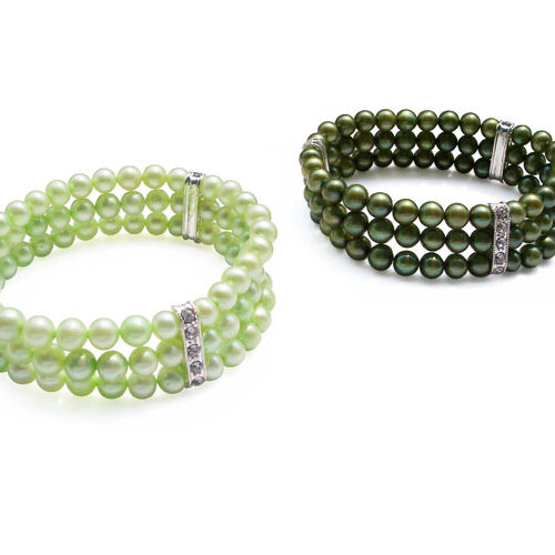 Light Green and Peacock Green 6-6.5mm, Three Rows of Round Pearls in Cz