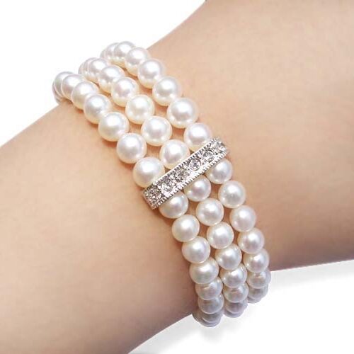 White 6-6.5mm, Three Rows of Round Pearls in Cz